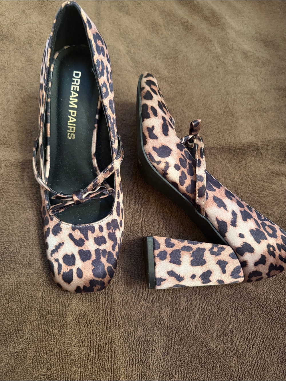 Dream Pairs Leopard Print Mary Jane Block Heels in Tan and Black